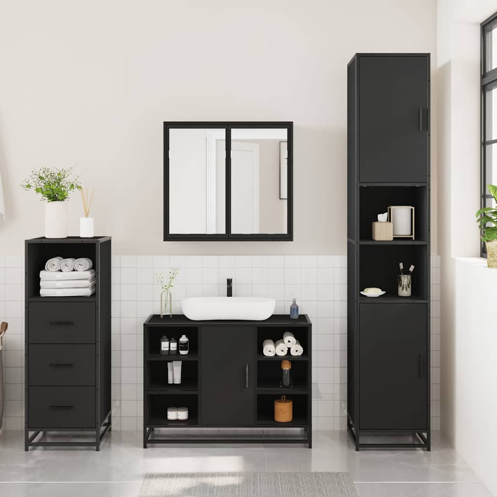 3 Piece Bathroom Furniture Set Black Engineered Wood