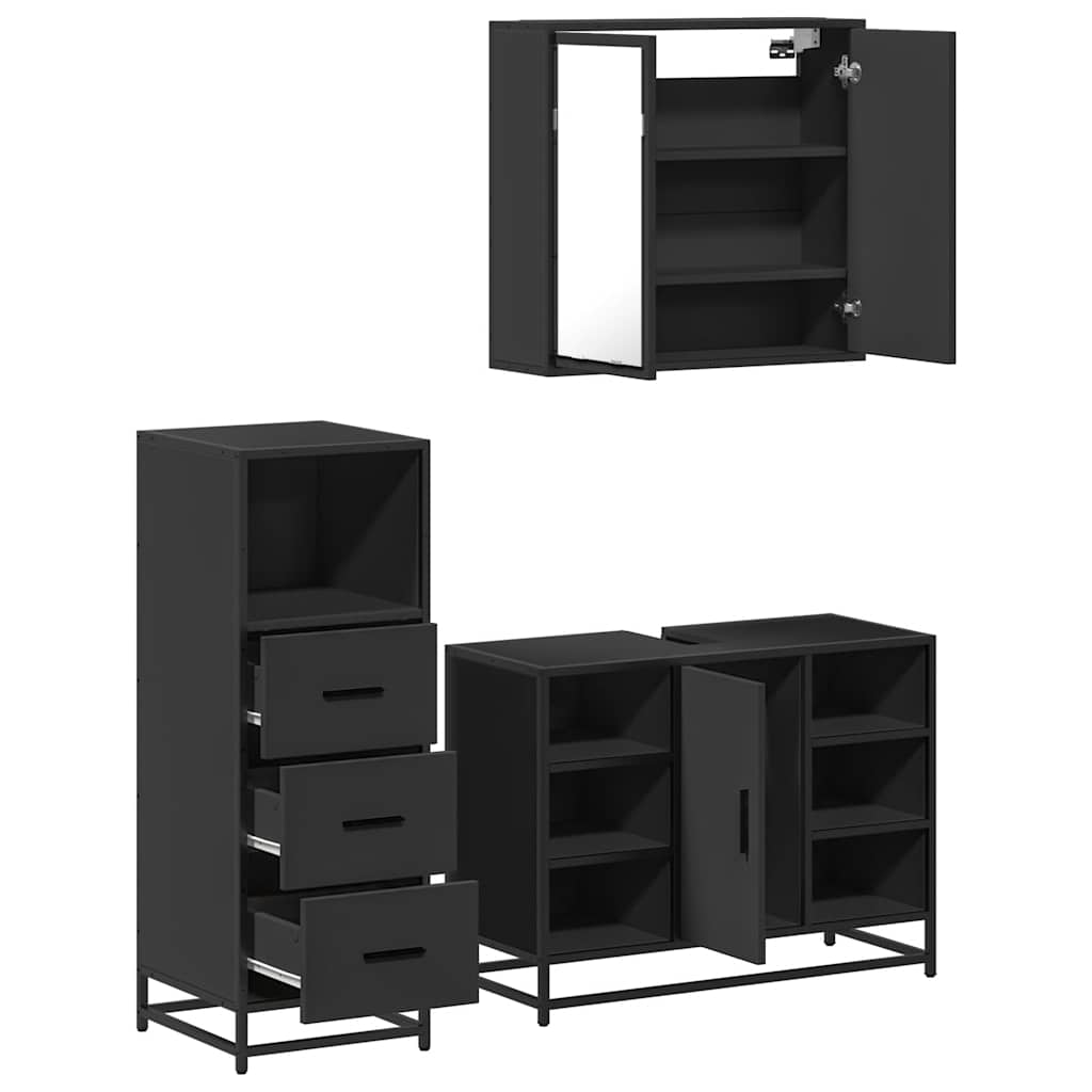 3 Piece Bathroom Furniture Set Black Engineered Wood