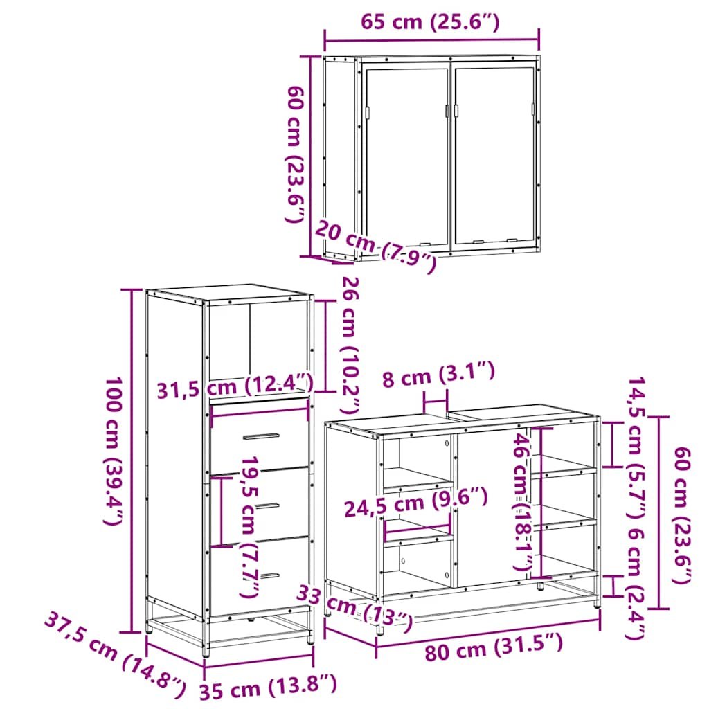 3 Piece Bathroom Furniture Set Black Engineered Wood