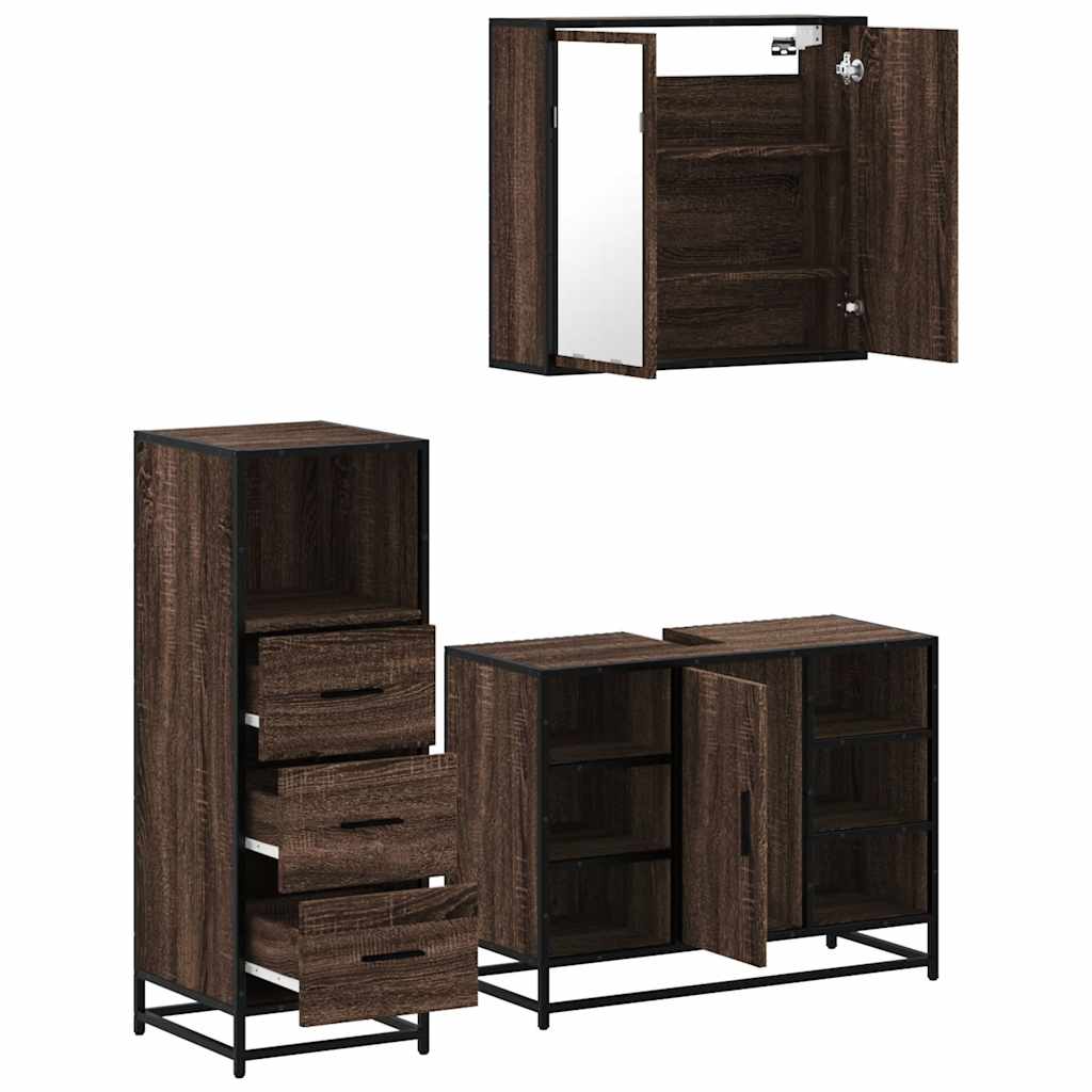 3 Piece Bathroom Furniture Set Brown Oak Engineered Wood