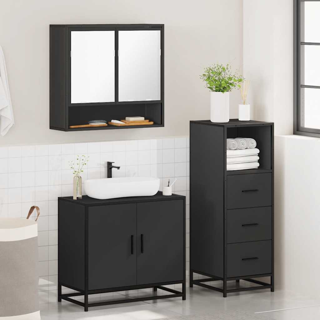 3 Piece Bathroom Furniture Set Black Engineered Wood