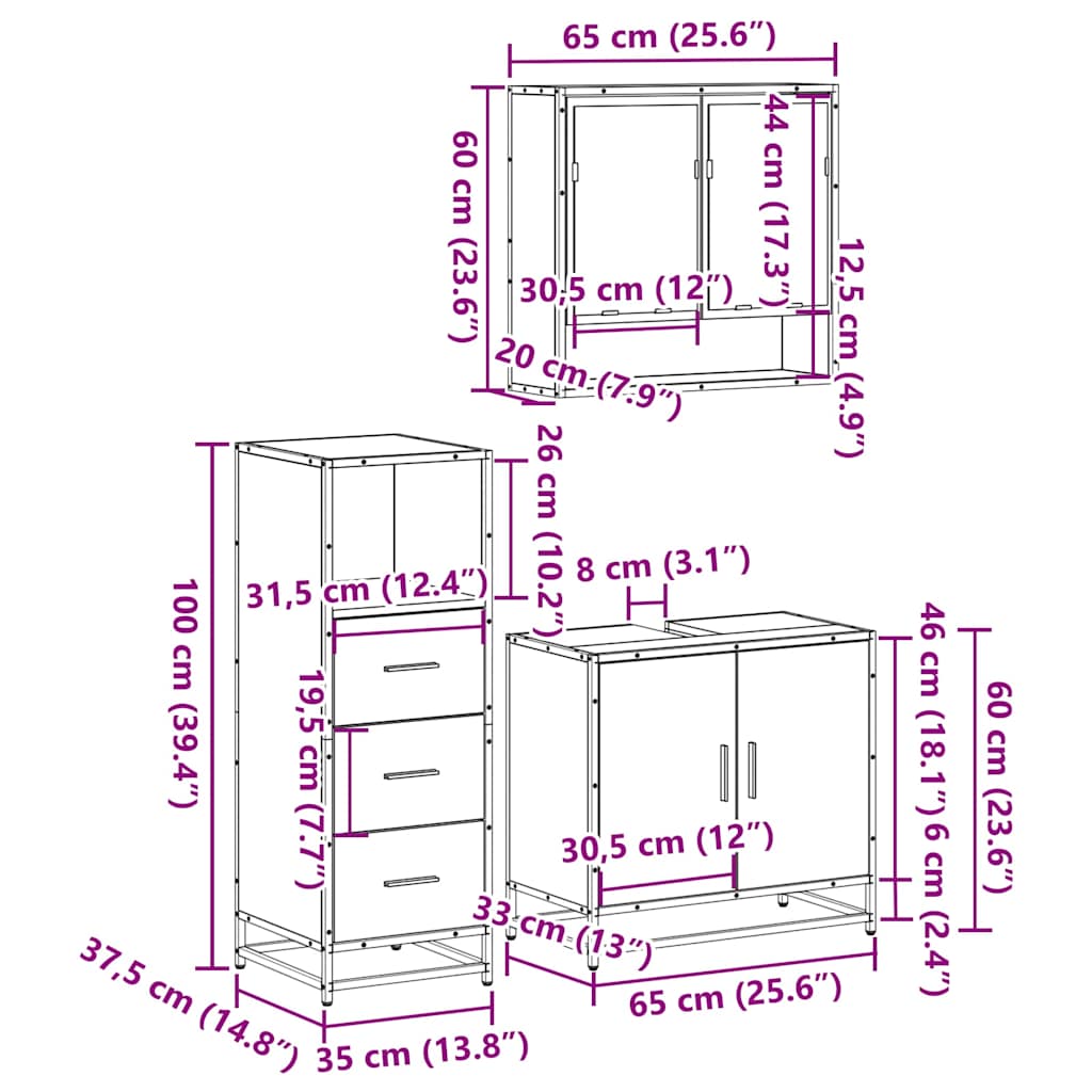 3 Piece Bathroom Furniture Set Sonoma Oak Engineered Wood