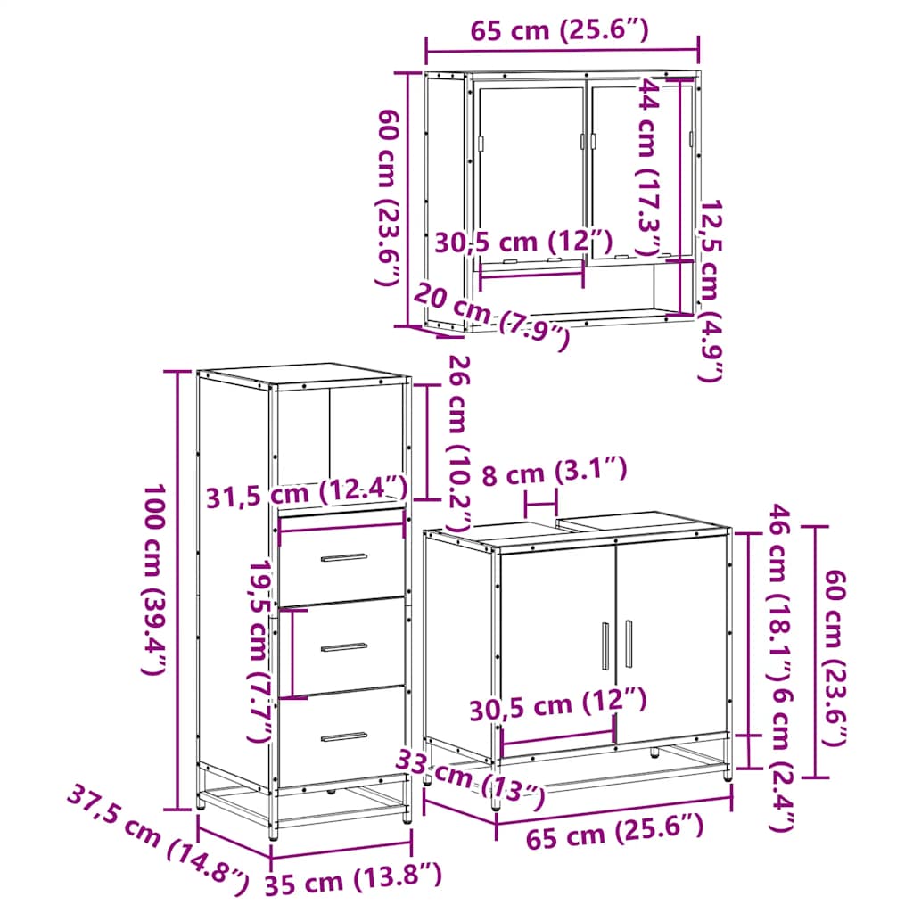 3 Piece Bathroom Furniture Set Grey Sonoma Engineered Wood