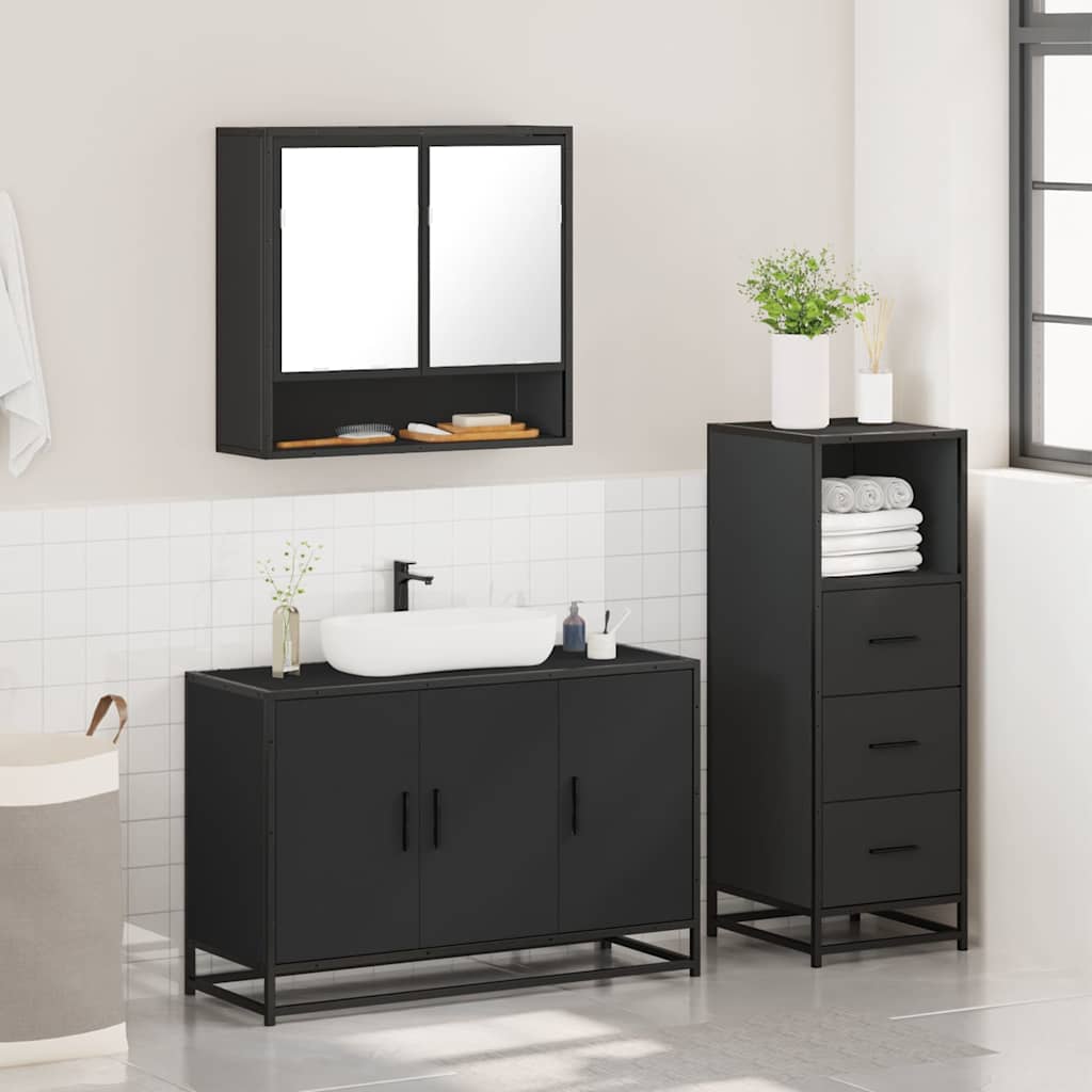 3 Piece Bathroom Furniture Set Black Engineered Wood