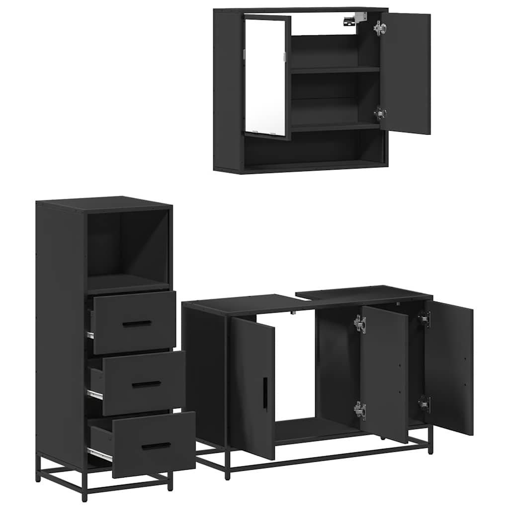 3 Piece Bathroom Furniture Set Black Engineered Wood