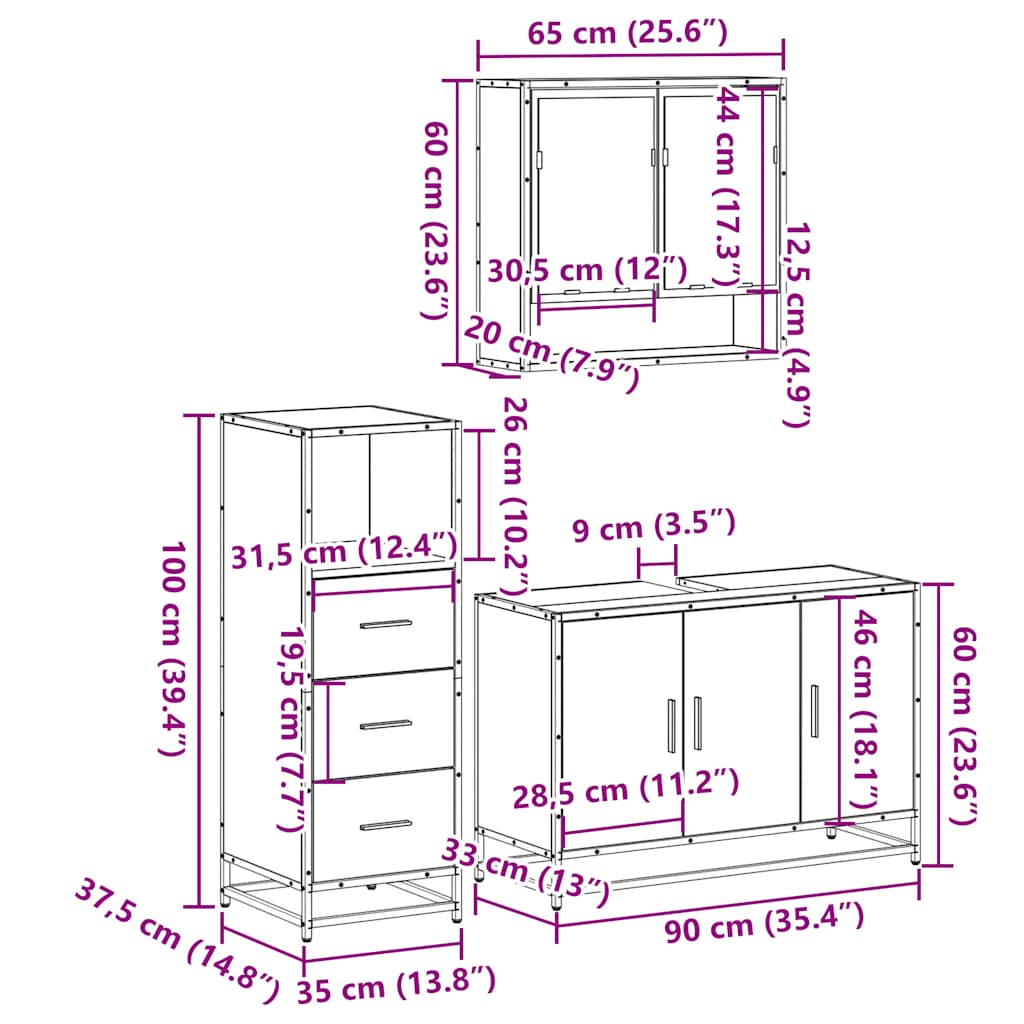 3 Piece Bathroom Furniture Set Black Engineered Wood