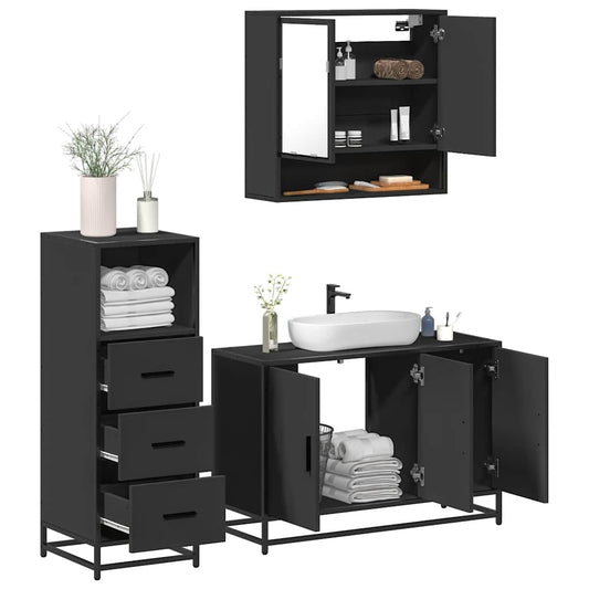 3 Piece Bathroom Furniture Set Black Engineered Wood