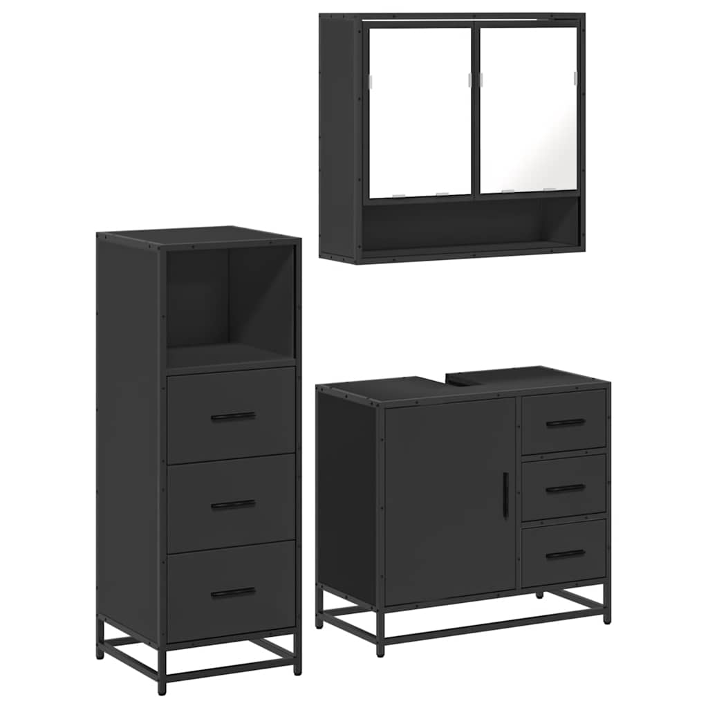 3 Piece Bathroom Furniture Set Black Engineered Wood