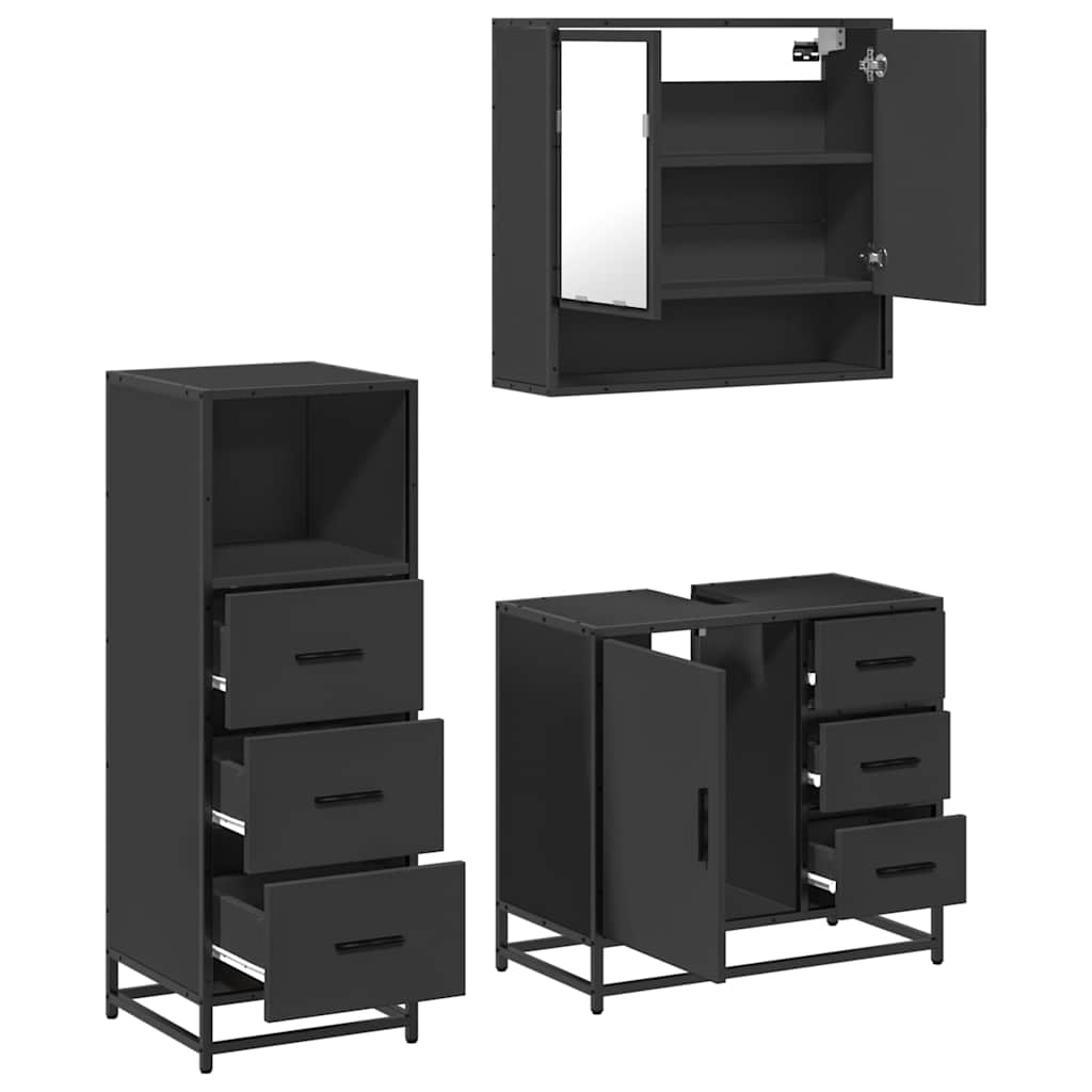 3 Piece Bathroom Furniture Set Black Engineered Wood