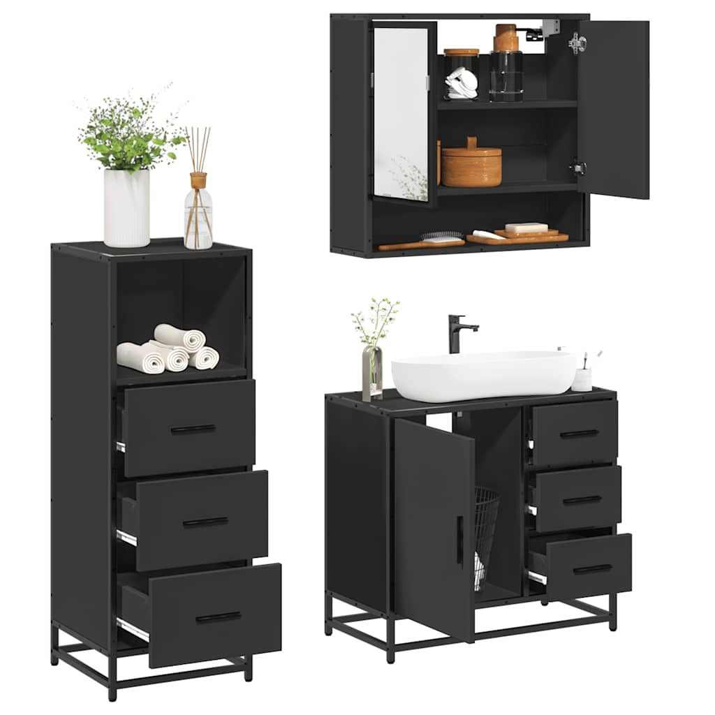 3 Piece Bathroom Furniture Set Black Engineered Wood