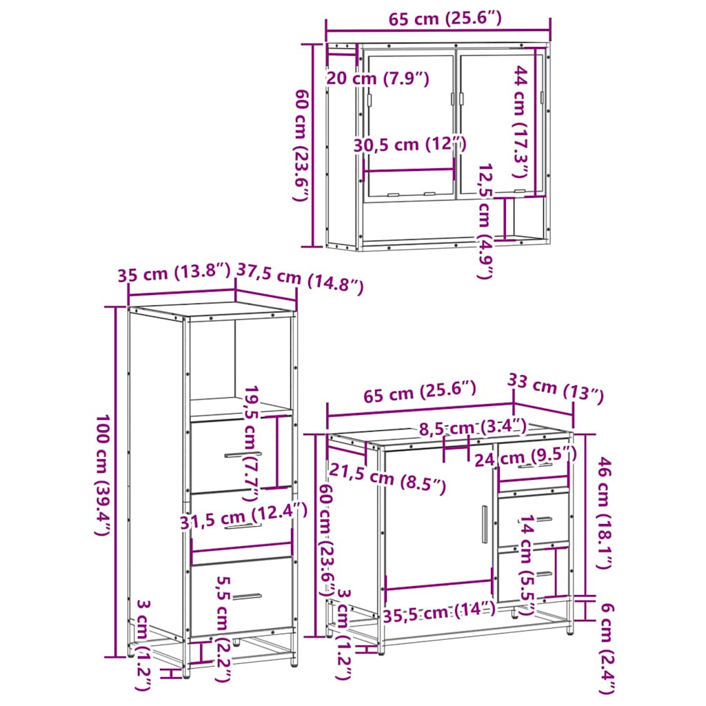 3 Piece Bathroom Furniture Set Smoked Oak Engineered Wood