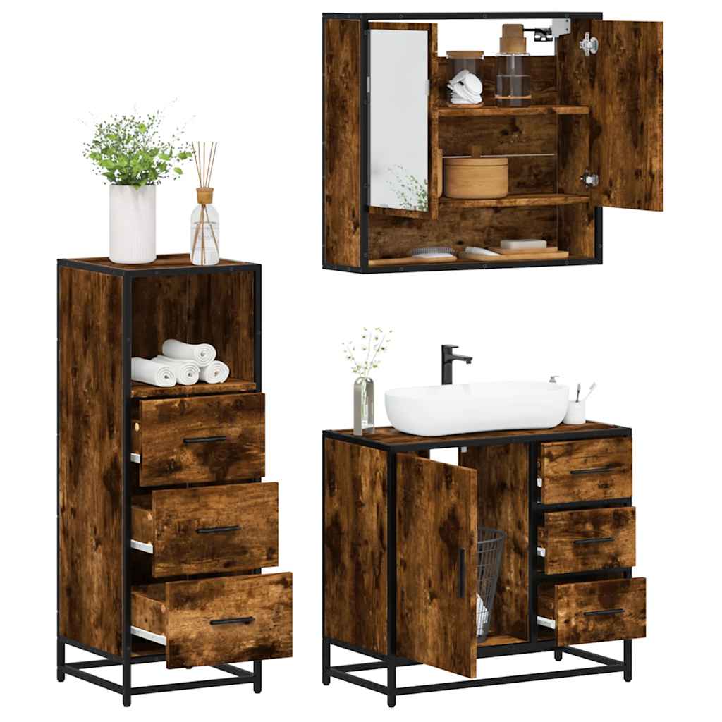 3 Piece Bathroom Furniture Set Smoked Oak Engineered Wood