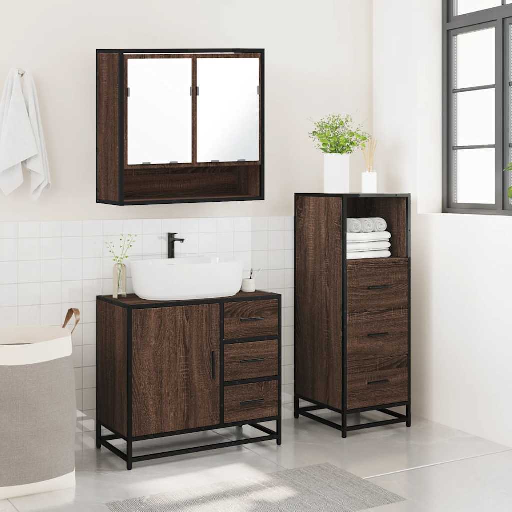 3 Piece Bathroom Furniture Set Brown Oak Engineered Wood