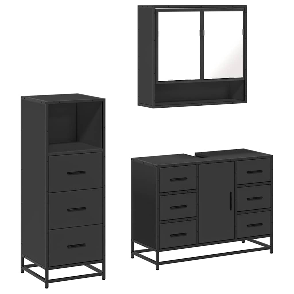 3 Piece Bathroom Furniture Set Black Engineered Wood