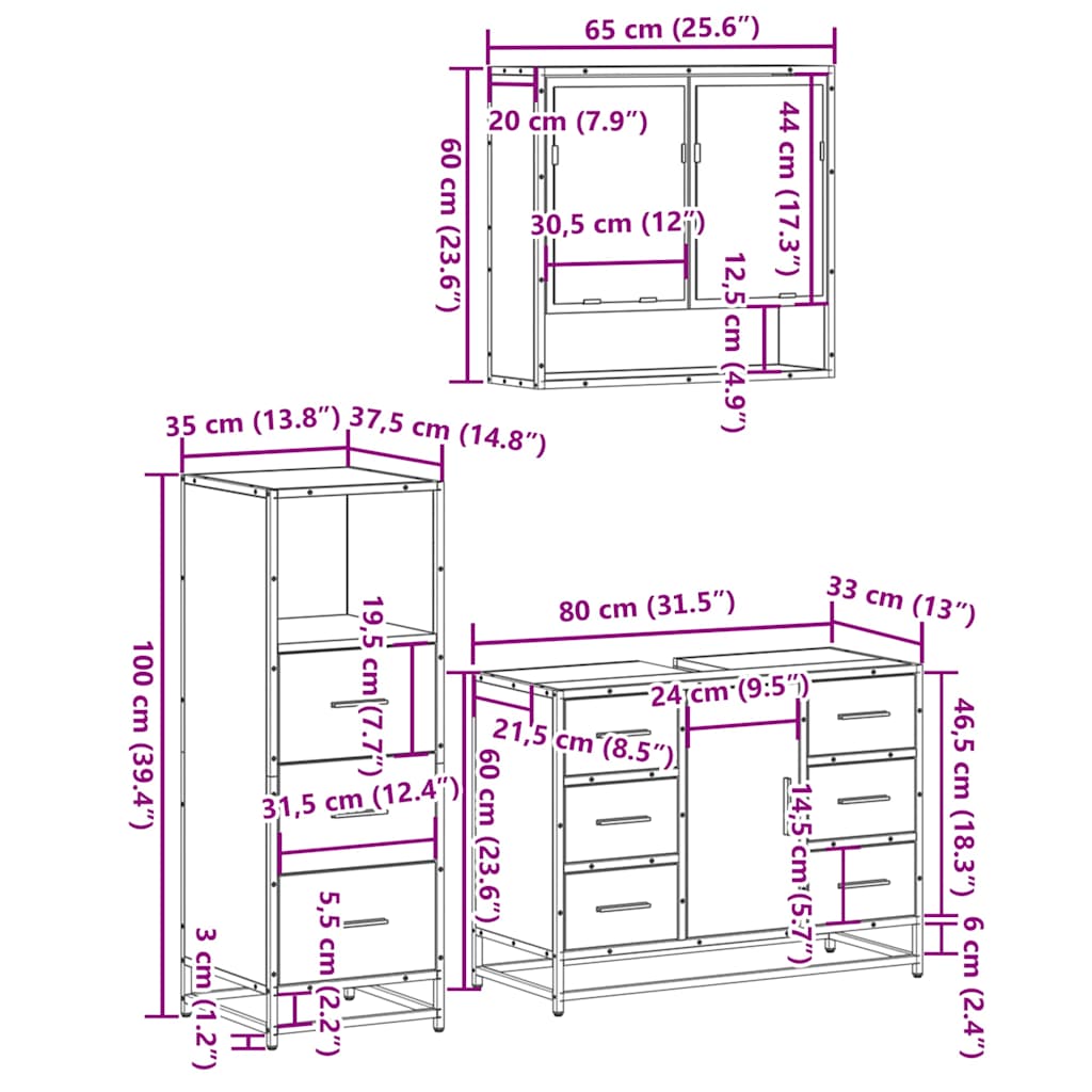 3 Piece Bathroom Furniture Set Black Engineered Wood