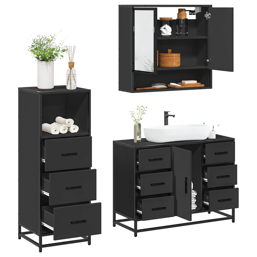 3 Piece Bathroom Furniture Set Black Engineered Wood