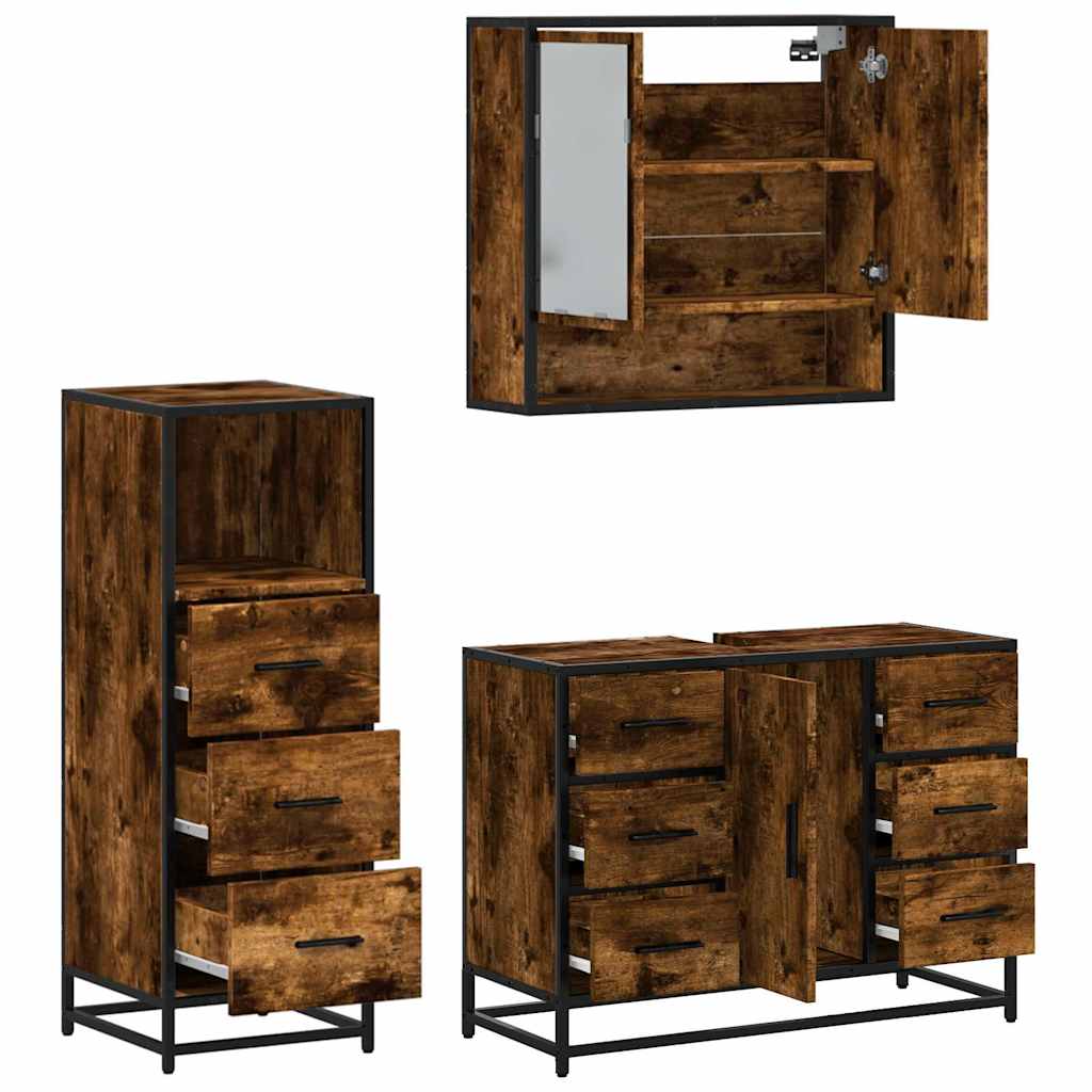 3 Piece Bathroom Furniture Set Smoked Oak Engineered Wood