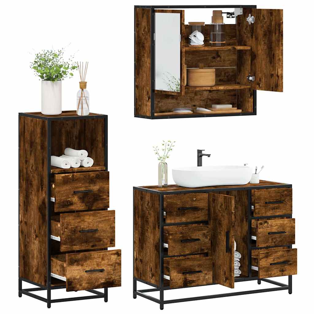 3 Piece Bathroom Furniture Set Smoked Oak Engineered Wood