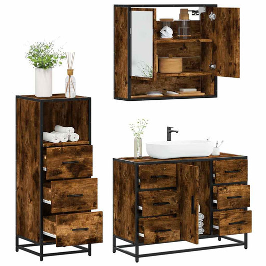 3 Piece Bathroom Furniture Set Smoked Oak Engineered Wood