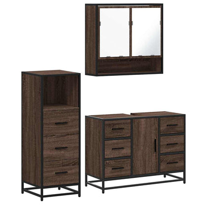 3 Piece Bathroom Furniture Set Brown Oak Engineered Wood