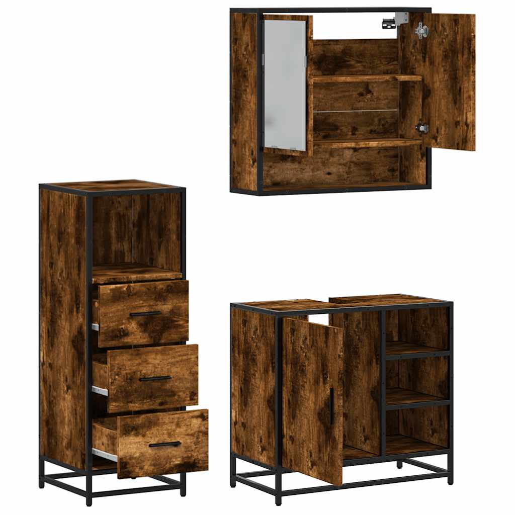 3 Piece Bathroom Furniture Set Smoked Oak Engineered Wood