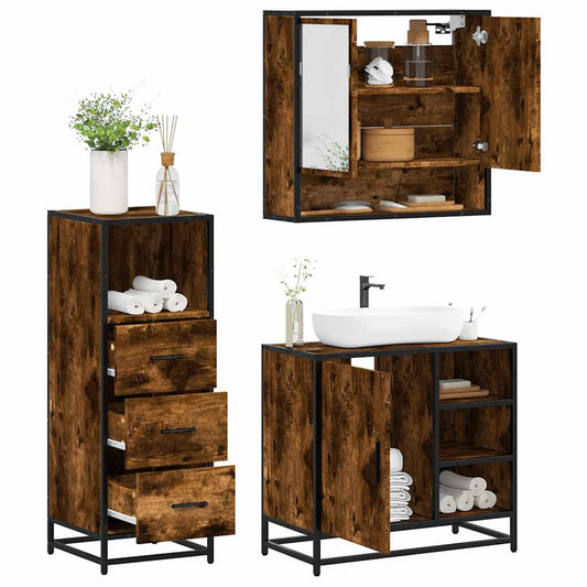 3 Piece Bathroom Furniture Set Smoked Oak Engineered Wood