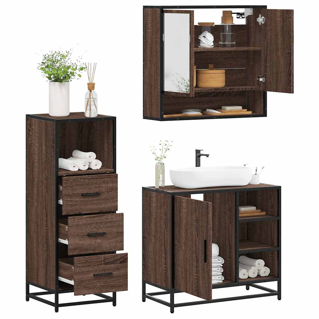 3 Piece Bathroom Furniture Set Brown Oak Engineered Wood