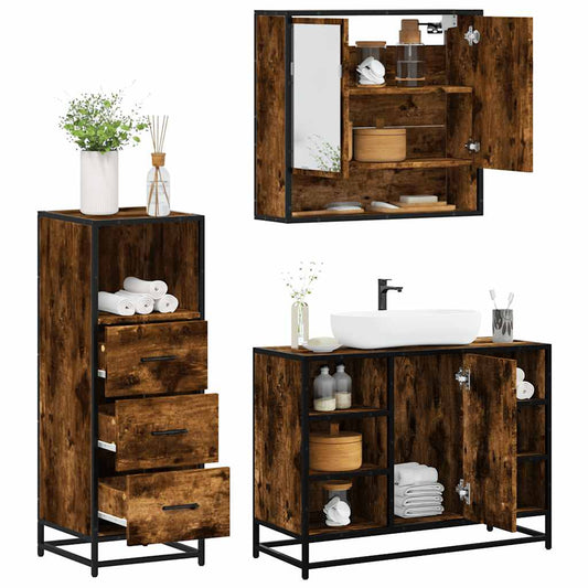 3 Piece Bathroom Furniture Set Smoked Oak Engineered Wood