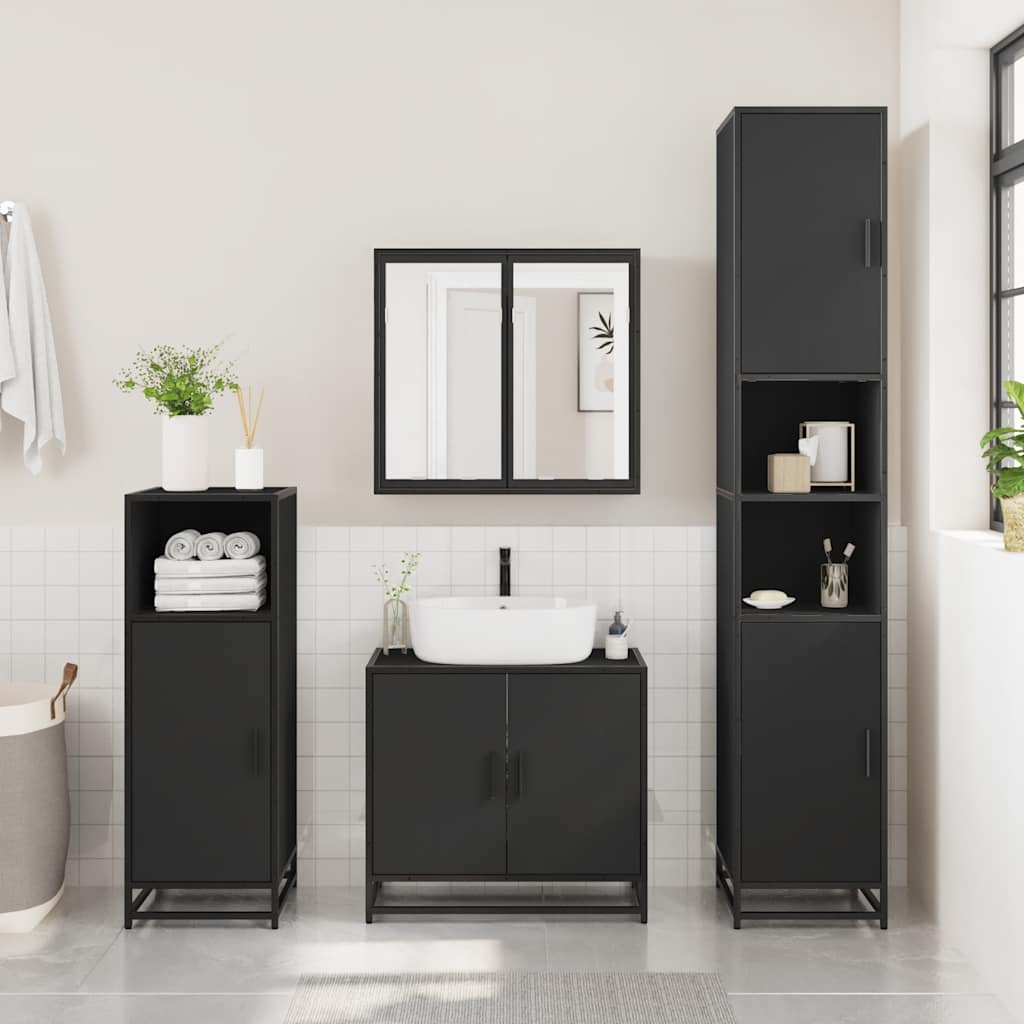 3 Piece Bathroom Furniture Set Black Engineered Wood