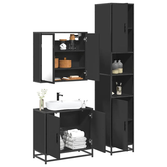 3 Piece Bathroom Furniture Set Black Engineered Wood