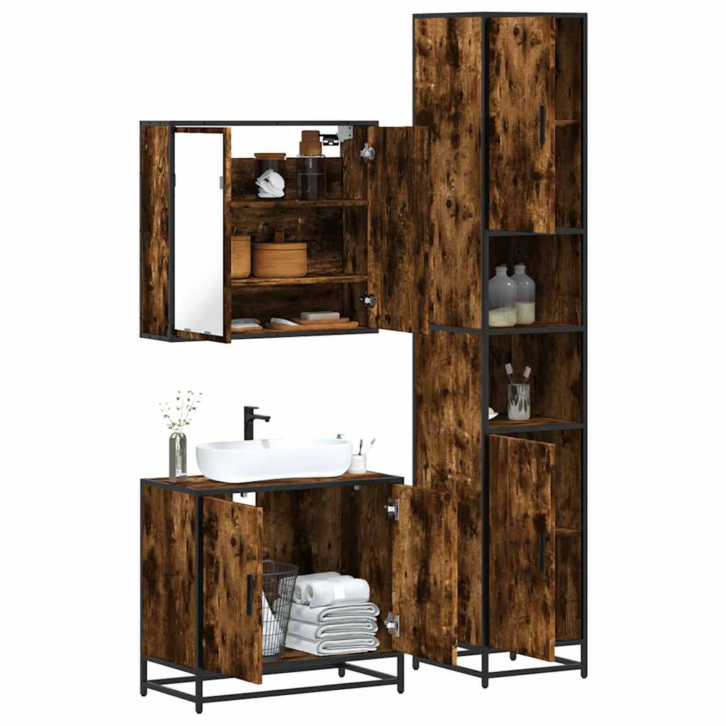 3 Piece Bathroom Furniture Set Smoked Oak Engineered Wood