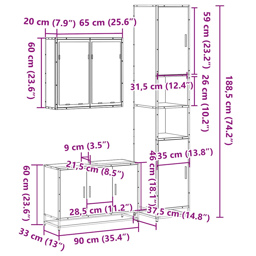 3 Piece Bathroom Furniture Set Sonoma Oak Engineered Wood