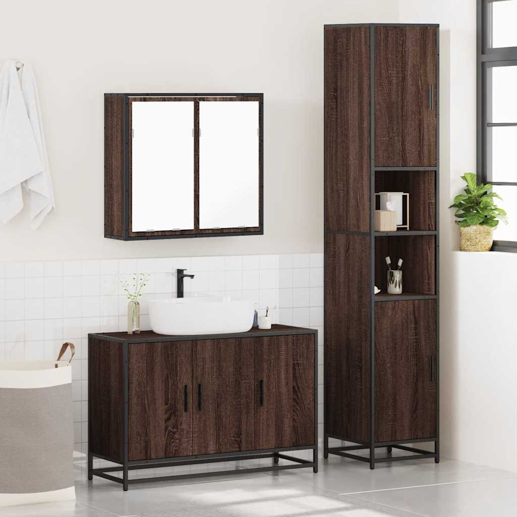 3 Piece Bathroom Furniture Set Brown Oak Engineered Wood