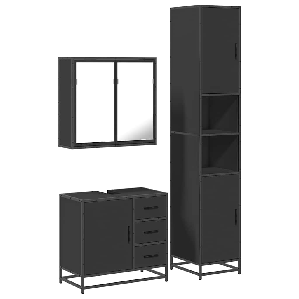 3 Piece Bathroom Furniture Set Black Engineered Wood