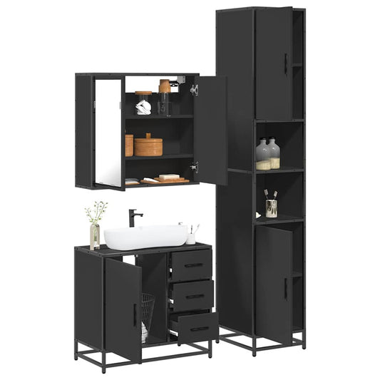 3 Piece Bathroom Furniture Set Black Engineered Wood