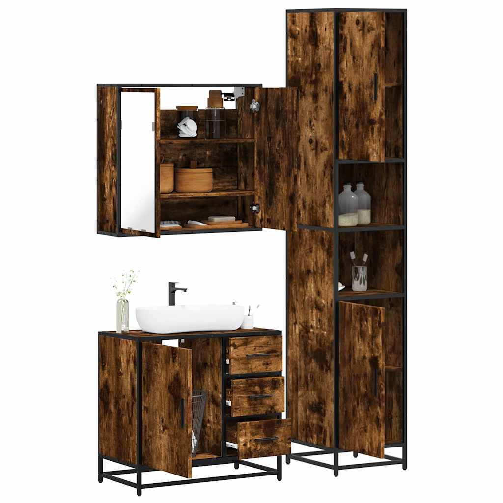 3 Piece Bathroom Furniture Set Smoked Oak Engineered Wood