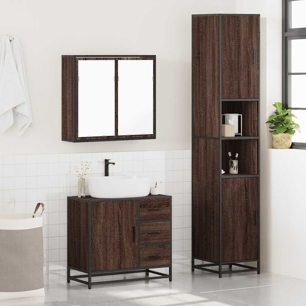 3 Piece Bathroom Furniture Set Brown Oak Engineered Wood