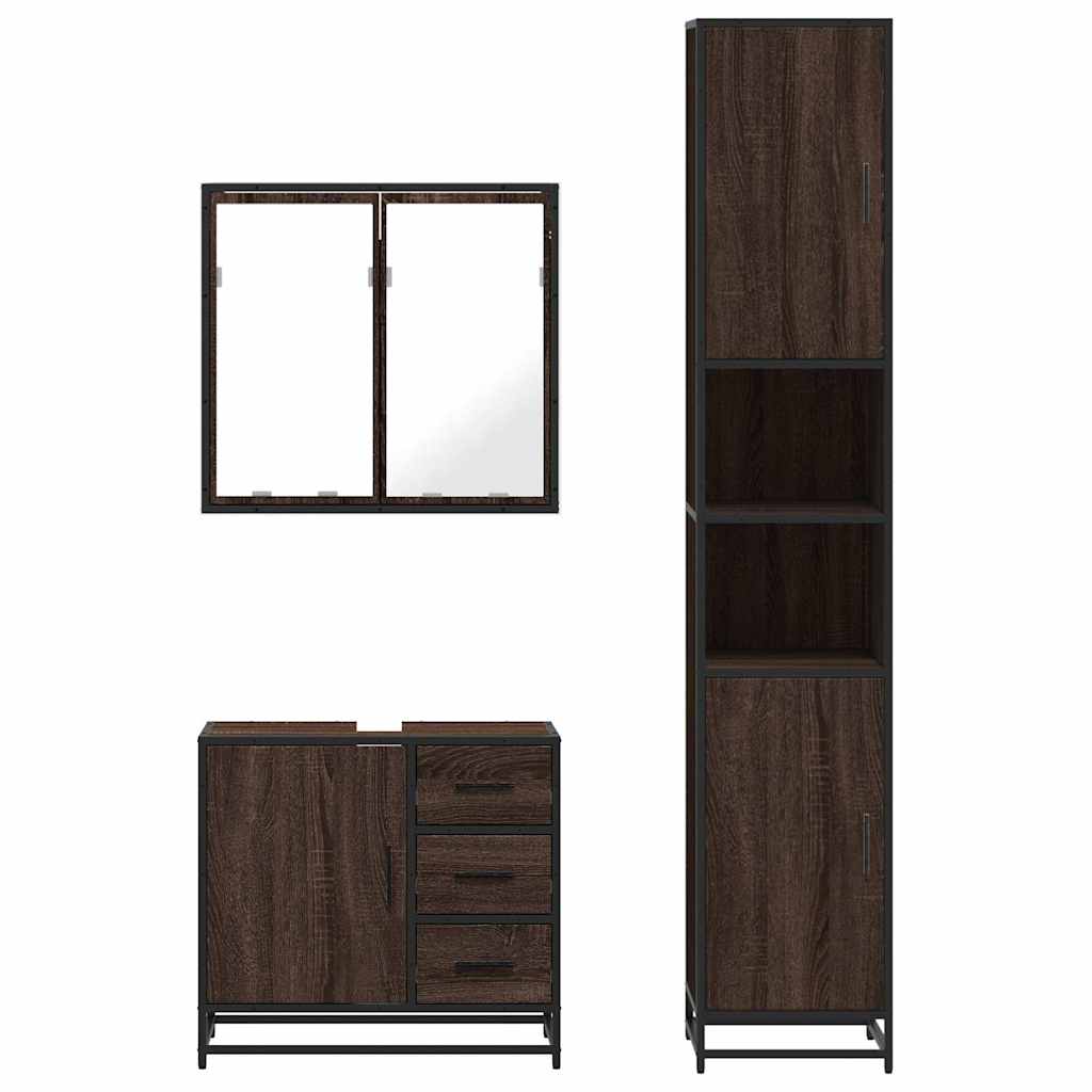 3 Piece Bathroom Furniture Set Brown Oak Engineered Wood