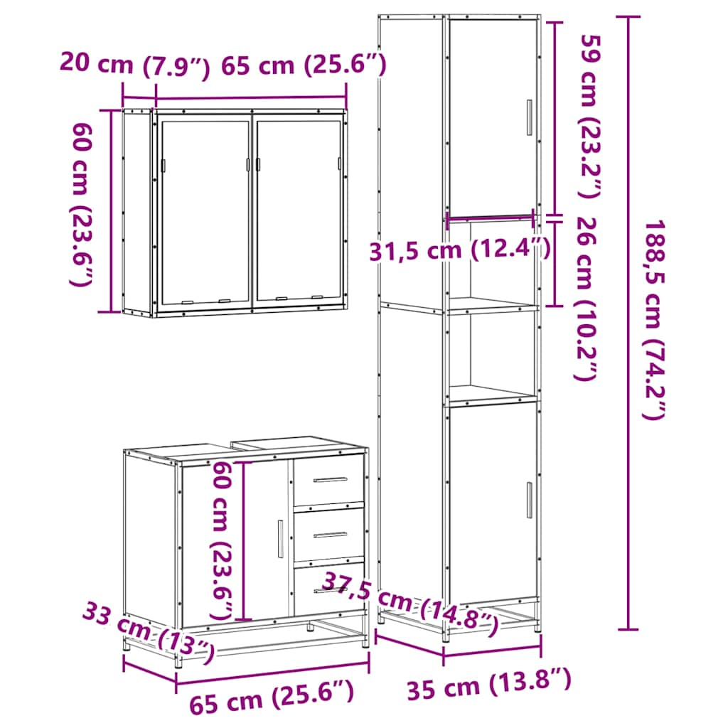 3 Piece Bathroom Furniture Set Brown Oak Engineered Wood