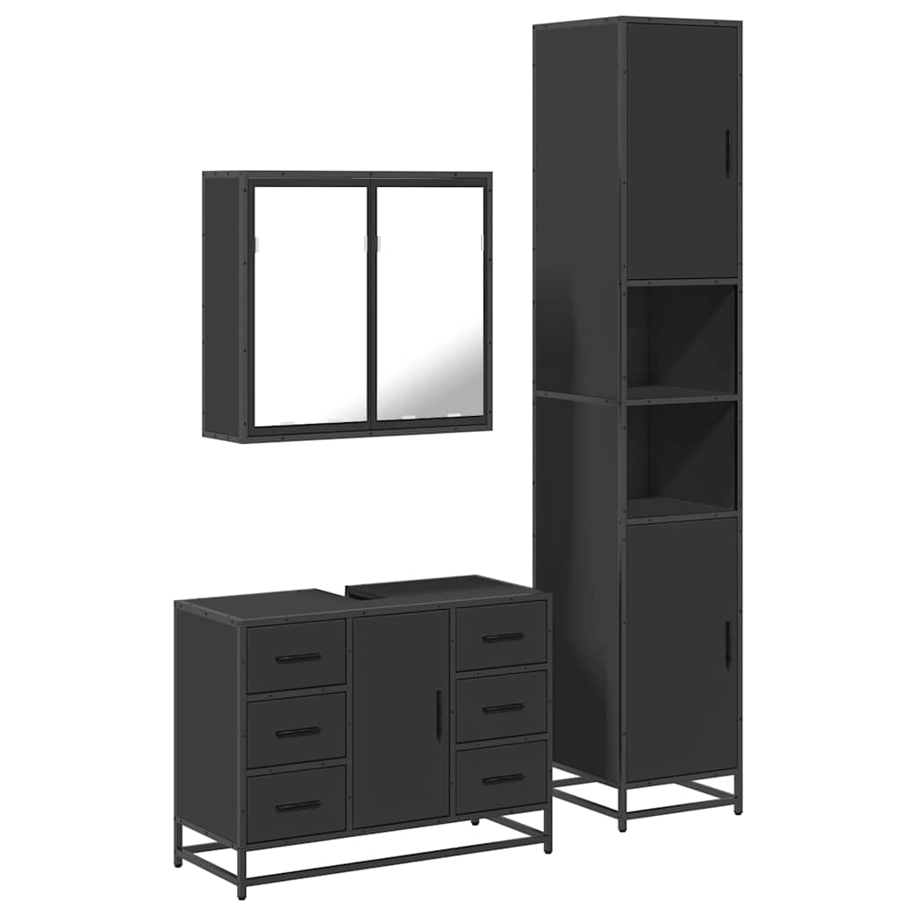 3 Piece Bathroom Furniture Set Black Engineered Wood