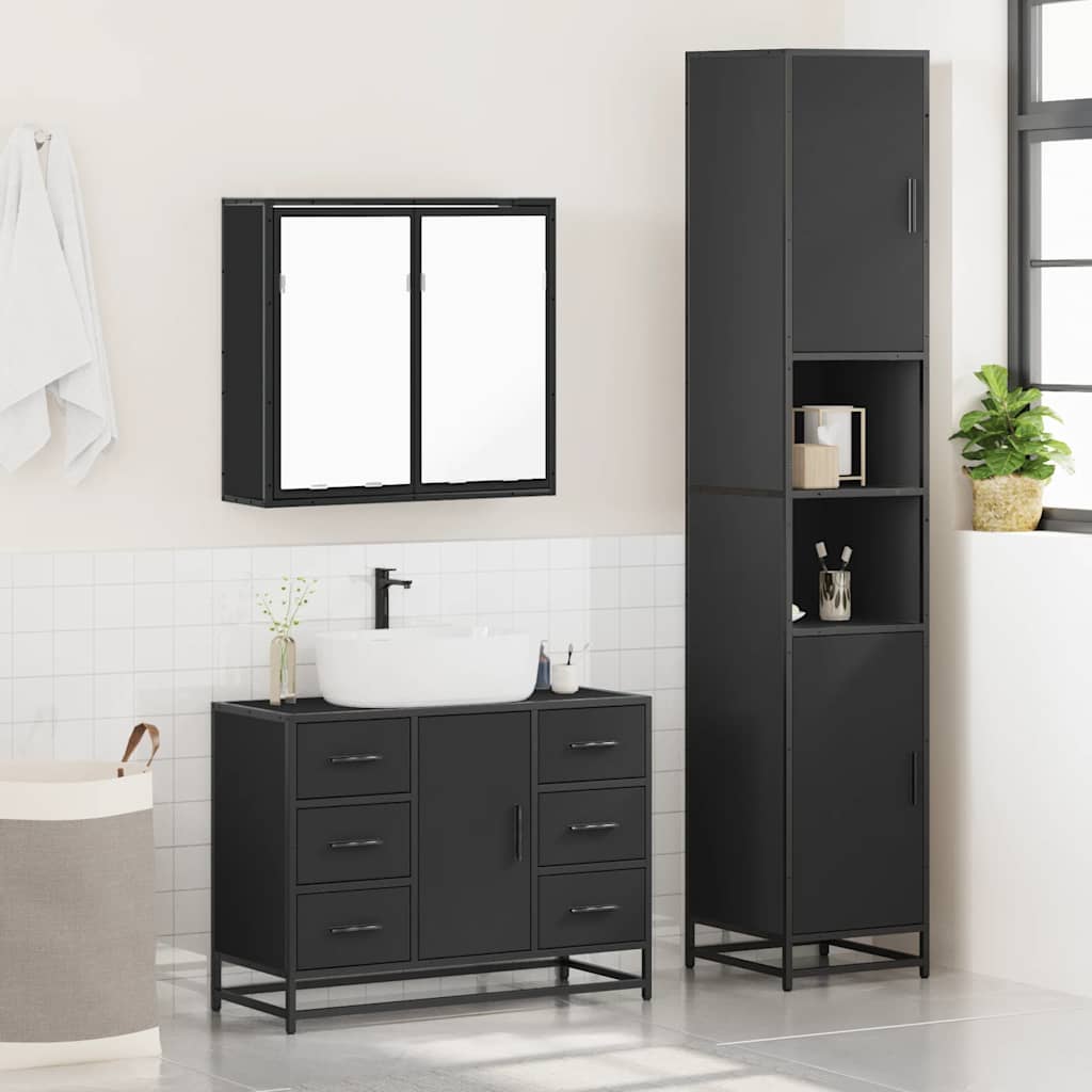 3 Piece Bathroom Furniture Set Black Engineered Wood