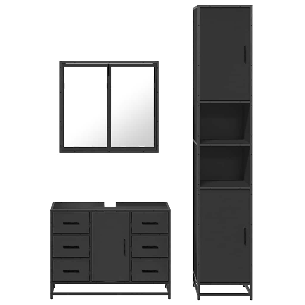 3 Piece Bathroom Furniture Set Black Engineered Wood