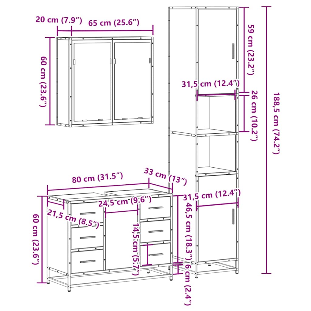 3 Piece Bathroom Furniture Set Black Engineered Wood