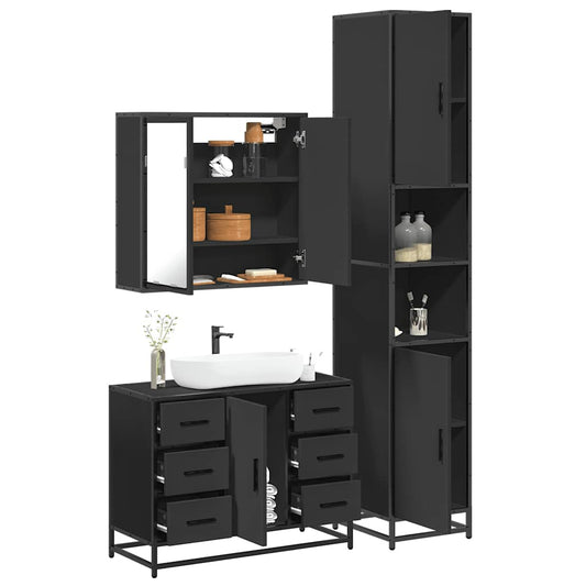 3 Piece Bathroom Furniture Set Black Engineered Wood