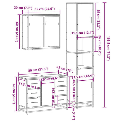 3 Piece Bathroom Furniture Set Smoked Oak Engineered Wood