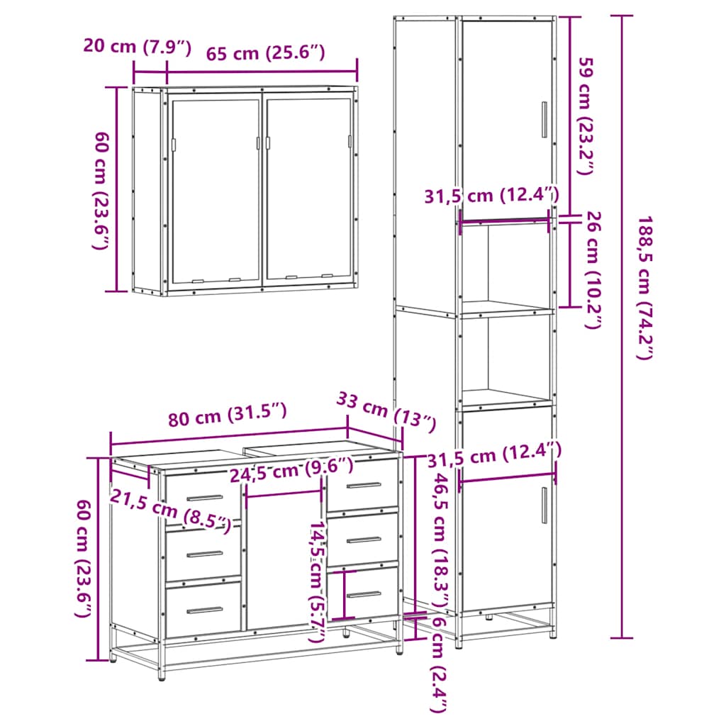 3 Piece Bathroom Furniture Set Grey Sonoma Engineered Wood