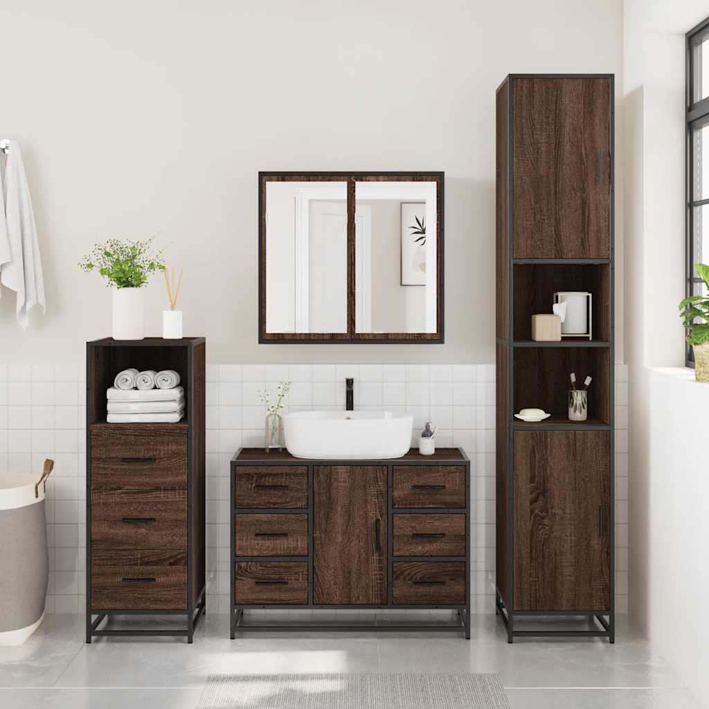 3 Piece Bathroom Furniture Set Brown Oak Engineered Wood