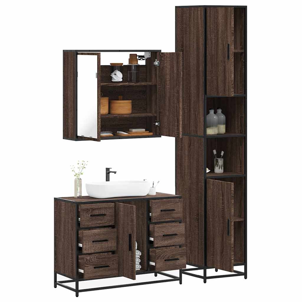 3 Piece Bathroom Furniture Set Brown Oak Engineered Wood