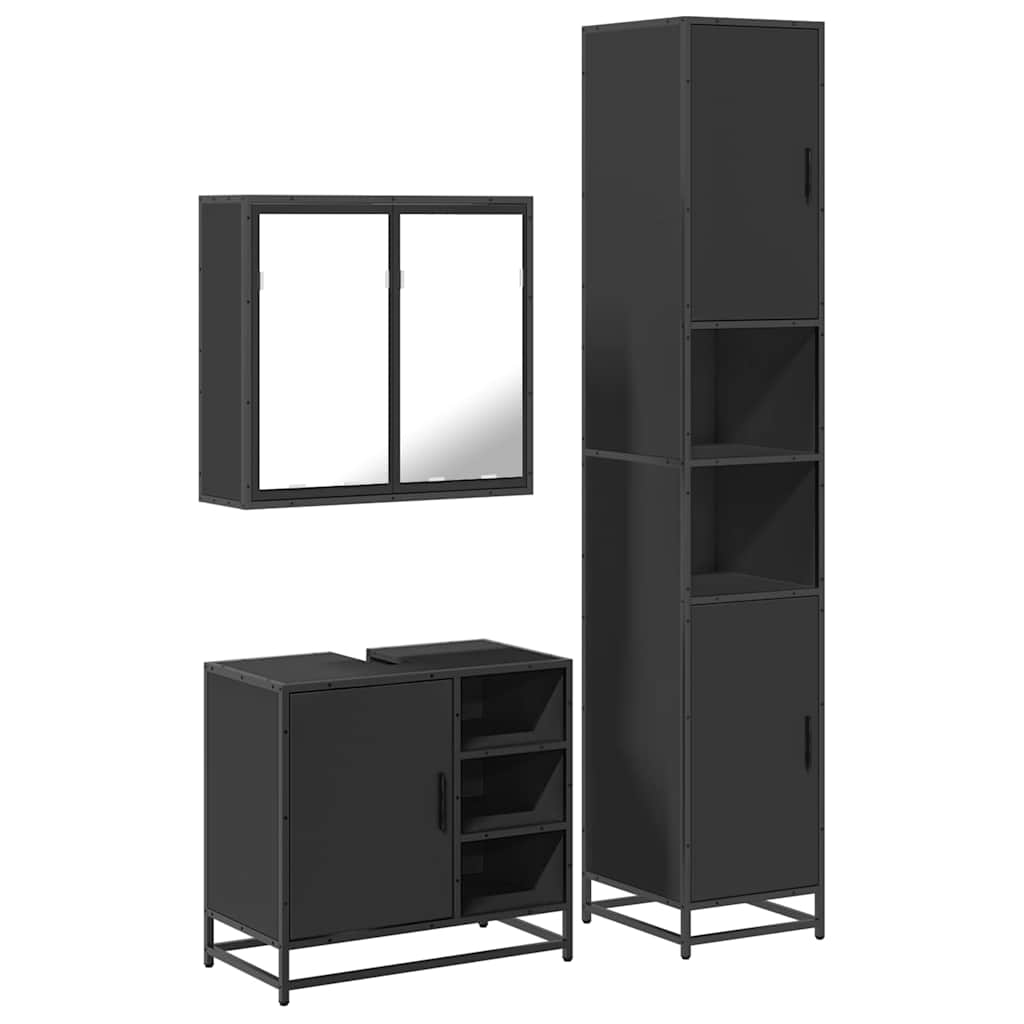 3 Piece Bathroom Furniture Set Black Engineered Wood