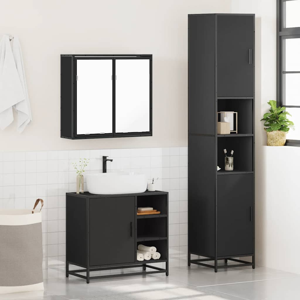 3 Piece Bathroom Furniture Set Black Engineered Wood